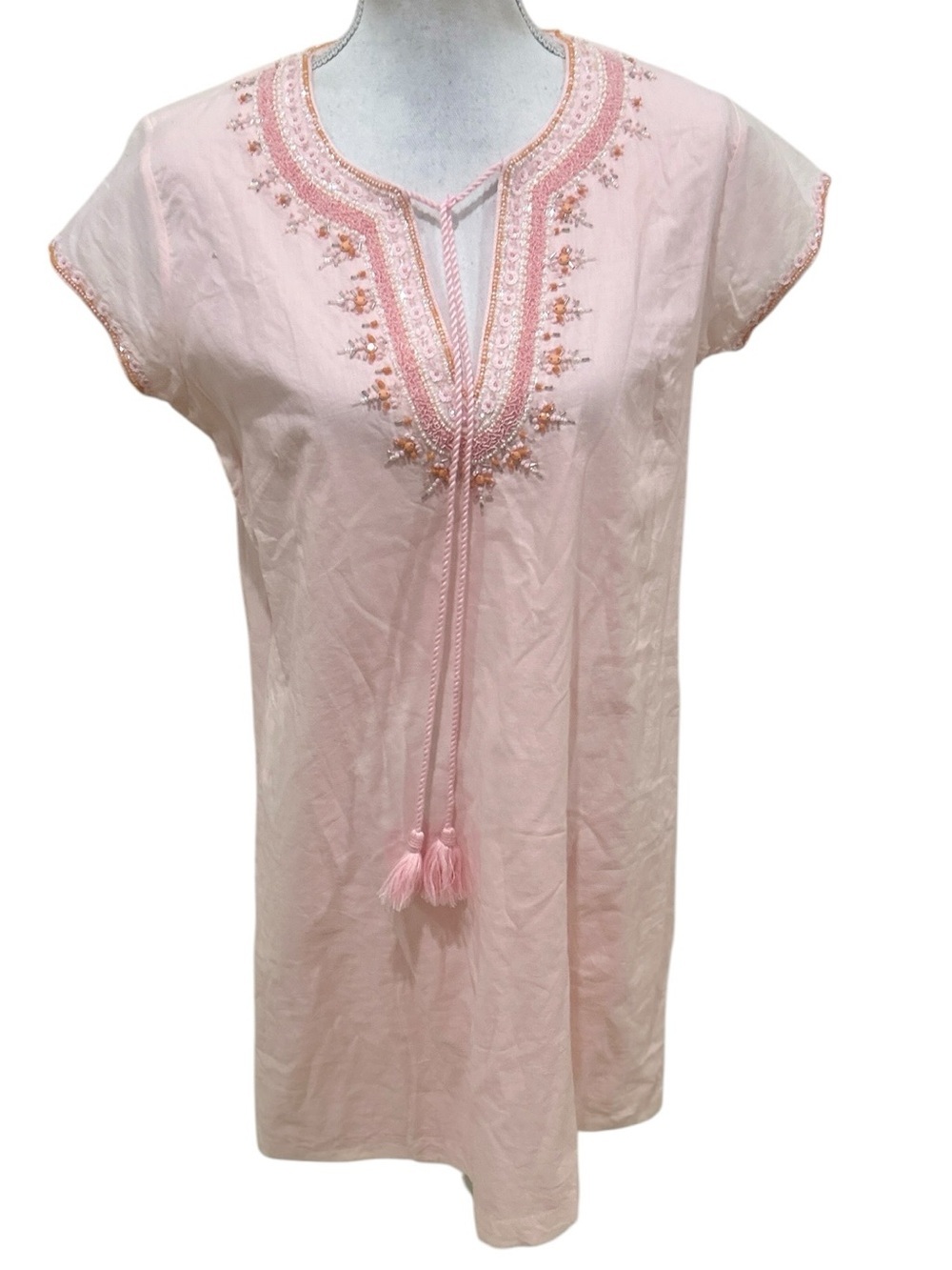 Bella tu cotton beaded blush Pink Mini short sleeve tunic Dress Tassel Tie large